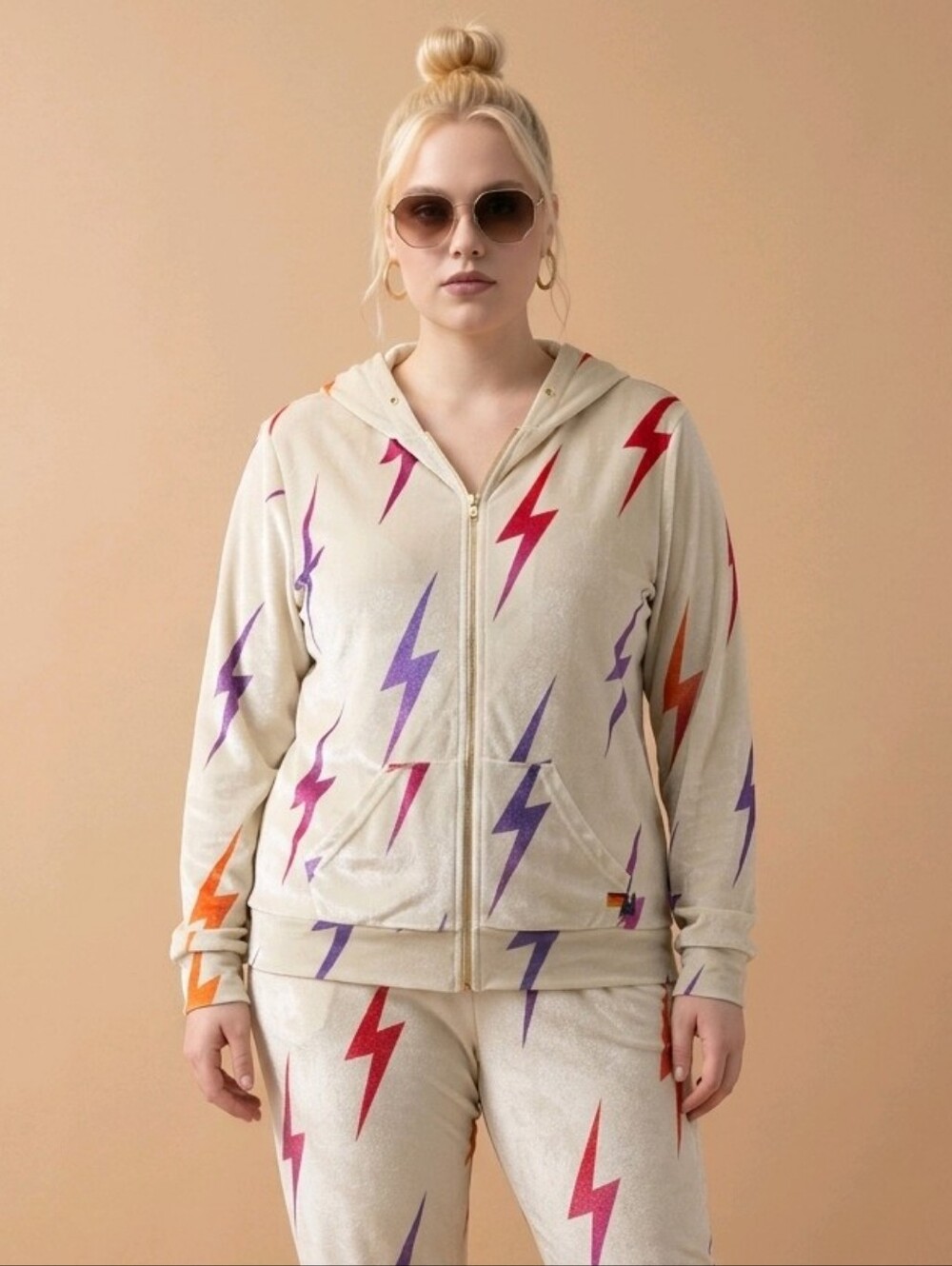 Aviator Nation Full Zip Hoodie with Multi-Color Lightning Bolts Plush Size L